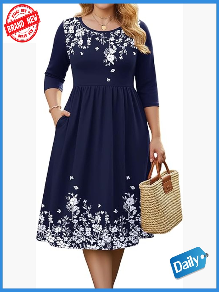 Plus Size 3/4 Sleeve Midi Dress With Pockets Casual Flowy A-Line Boho